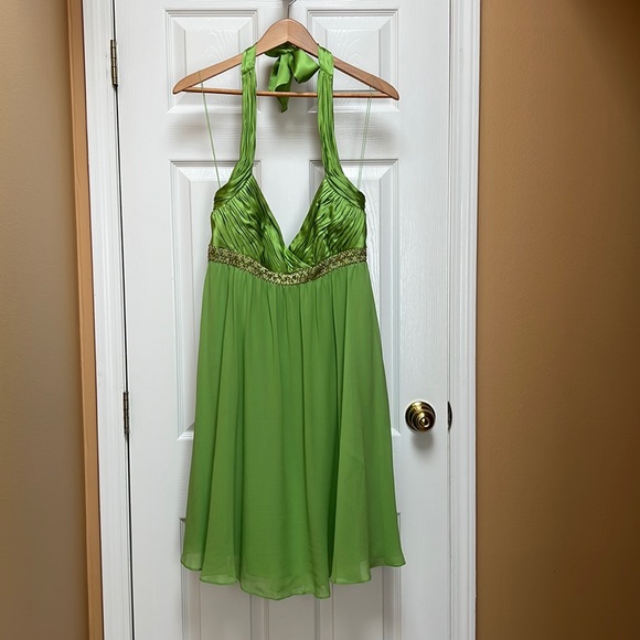 Adrianna Papell Chartreuse Halter Mini Dress (12) - Picture 1 of 8